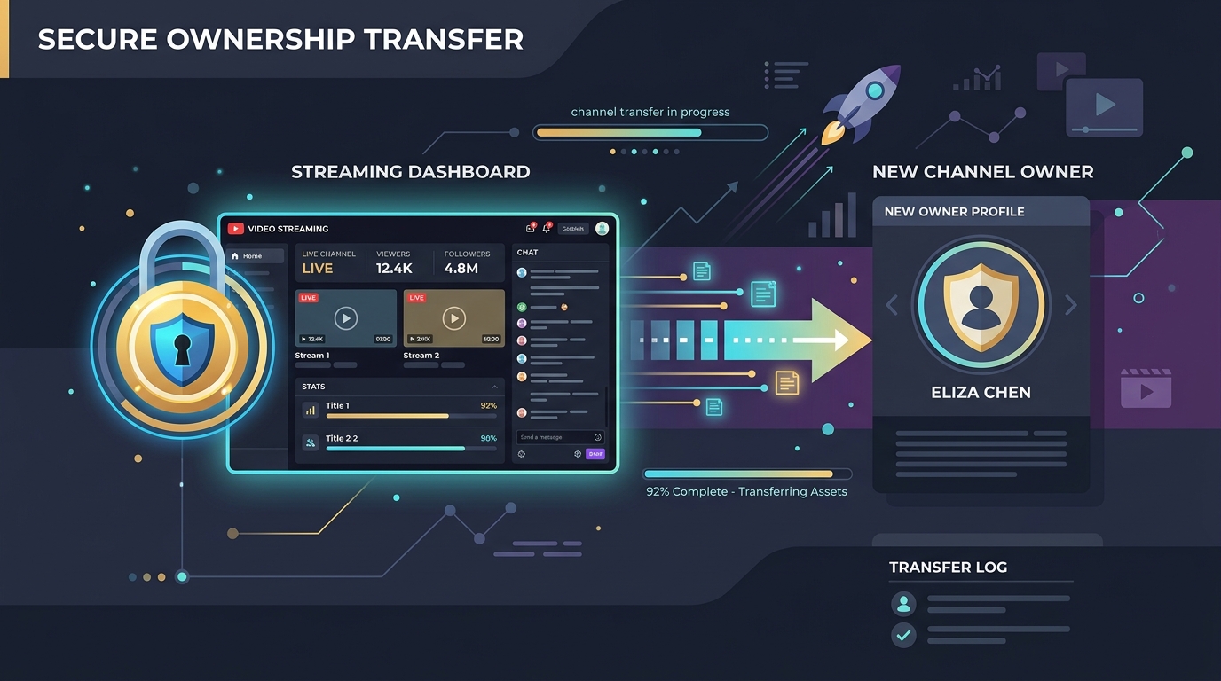 Flat-vector infographic illustration showing secure lock transferring ownership of channel dashboard