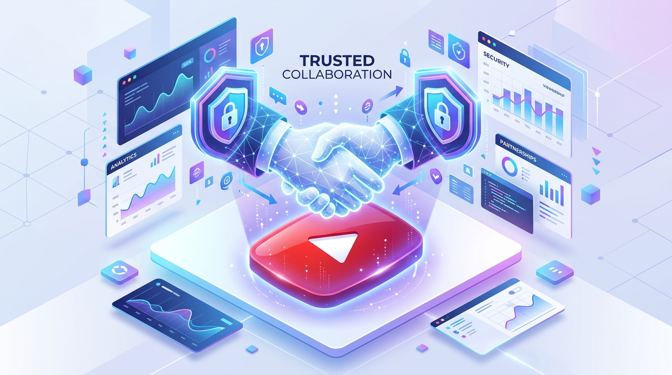 3D isometric illustration of digital handshake and secure YouTube asset transfer